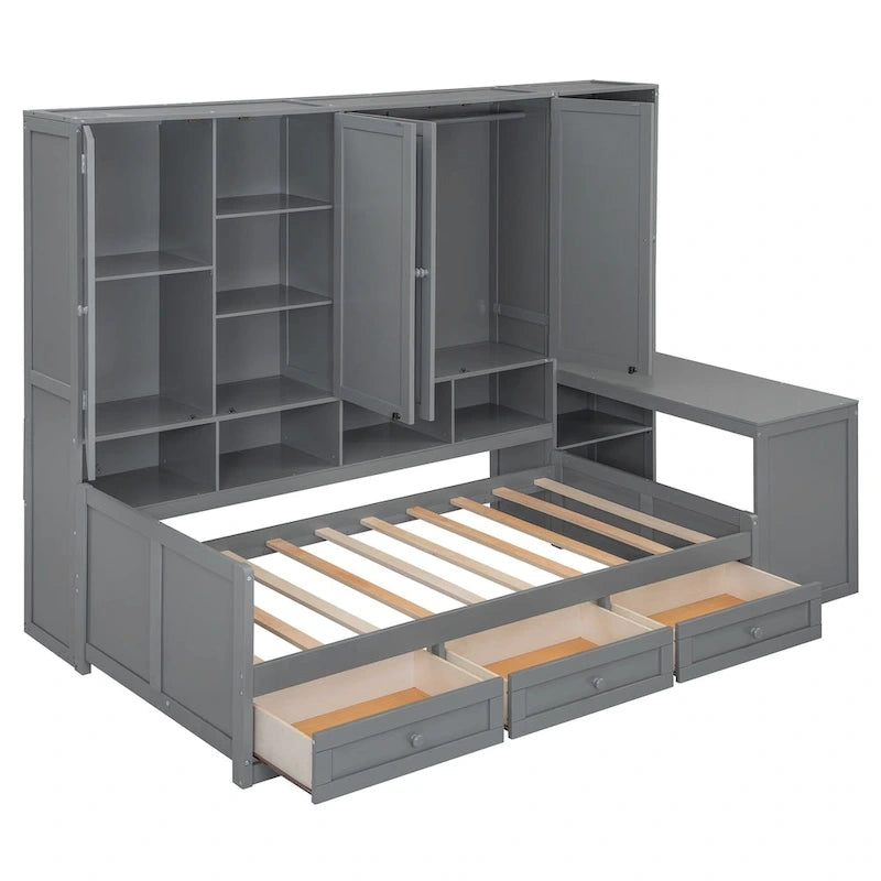 Lit de jour en bois avec bibliothèque intégrée, lit capitaine, armoire de rangement, penderie, bureau latéral et 3 tiroirs inférieurs