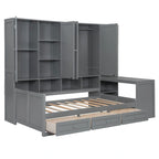 Lit de jour en bois avec bibliothèque intégrée, lit capitaine, armoire de rangement, penderie, bureau latéral et 3 tiroirs inférieurs