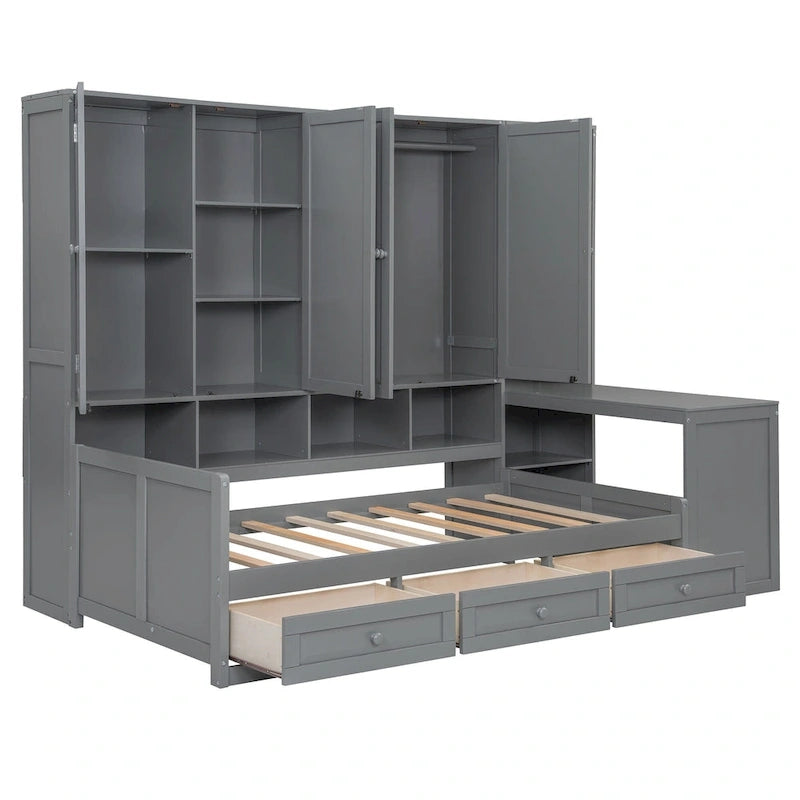 Lit de jour en bois avec bibliothèque intégrée, lit capitaine, armoire de rangement, penderie, bureau latéral et 3 tiroirs inférieurs