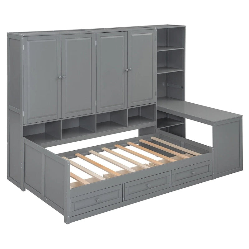 Lit de jour en bois avec bibliothèque intégrée, lit capitaine, armoire de rangement, penderie, bureau latéral et 3 tiroirs inférieurs