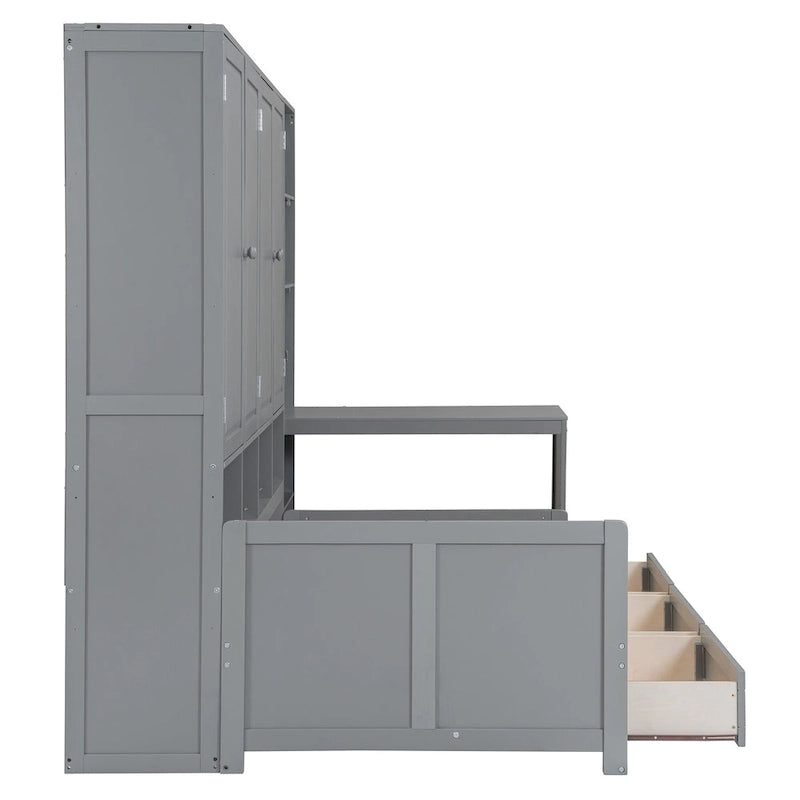 Lit de jour en bois avec bibliothèque intégrée, lit capitaine, armoire de rangement, penderie, bureau latéral et 3 tiroirs inférieurs