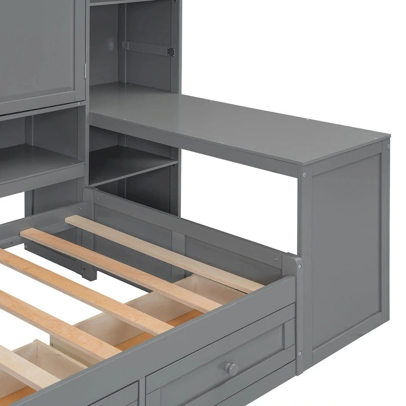 Lit de jour en bois avec bibliothèque intégrée, lit capitaine, armoire de rangement, penderie, bureau latéral et 3 tiroirs inférieurs