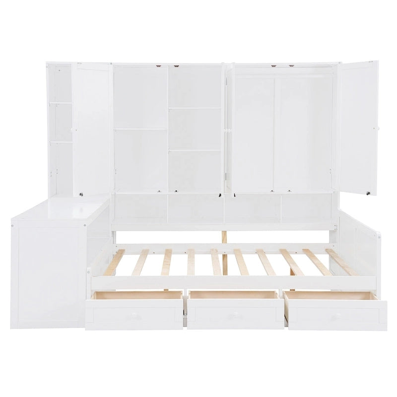 Lit de jour en bois avec bibliothèque intégrée, lit capitaine, armoire de rangement, penderie, bureau latéral et 3 tiroirs inférieurs