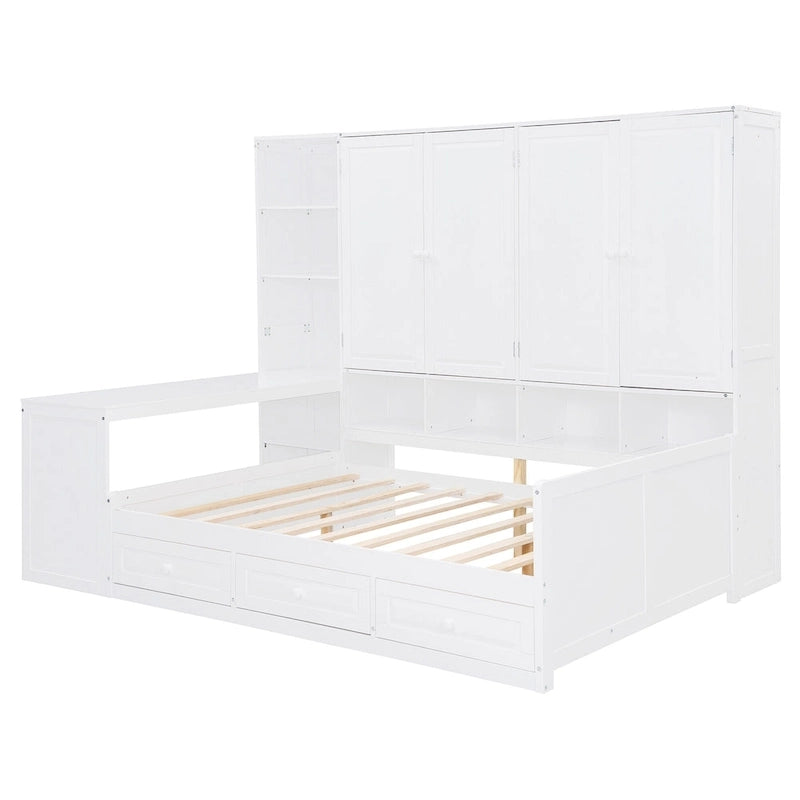 Lit de jour en bois avec bibliothèque intégrée, lit capitaine, armoire de rangement, penderie, bureau latéral et 3 tiroirs inférieurs