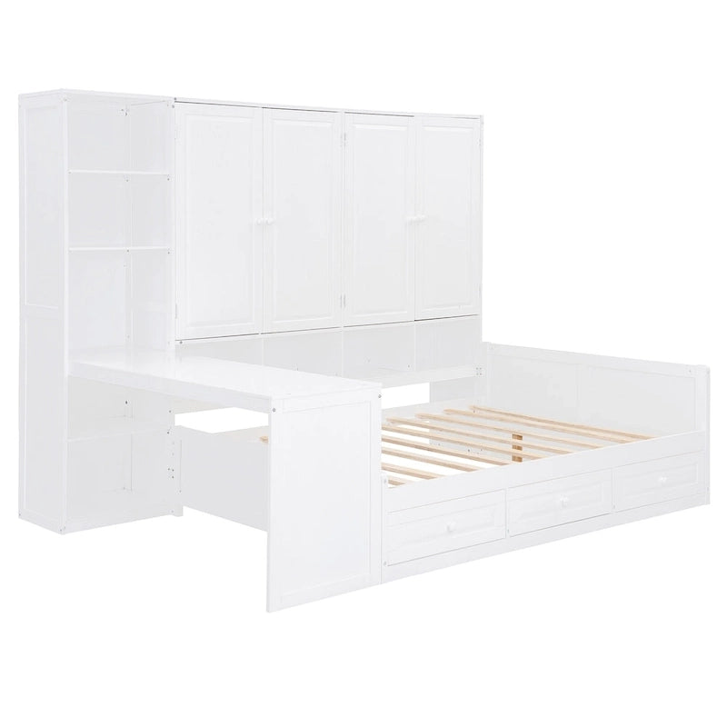 Lit de jour en bois avec bibliothèque intégrée, lit capitaine, armoire de rangement, penderie, bureau latéral et 3 tiroirs inférieurs