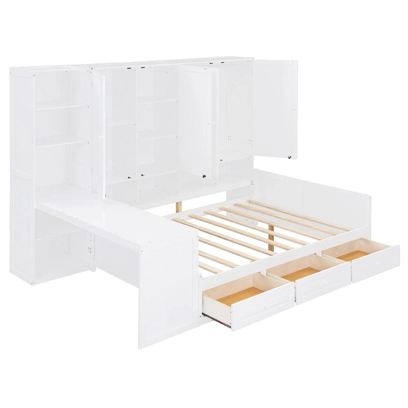 Lit de jour en bois avec bibliothèque intégrée, lit capitaine, armoire de rangement, penderie, bureau latéral et 3 tiroirs inférieurs