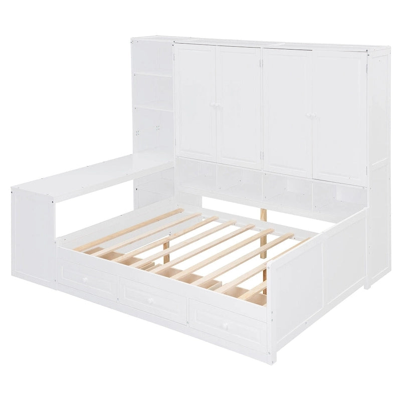 Lit de jour en bois avec bibliothèque intégrée, lit capitaine, armoire de rangement, penderie, bureau latéral et 3 tiroirs inférieurs