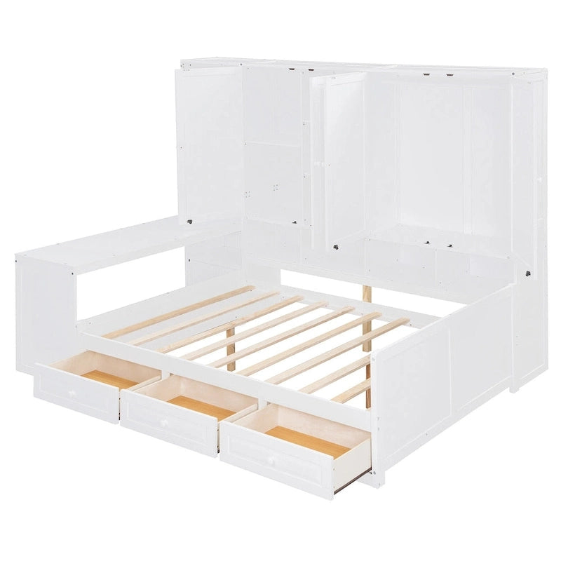 Lit de jour en bois avec bibliothèque intégrée, lit capitaine, armoire de rangement, penderie, bureau latéral et 3 tiroirs inférieurs