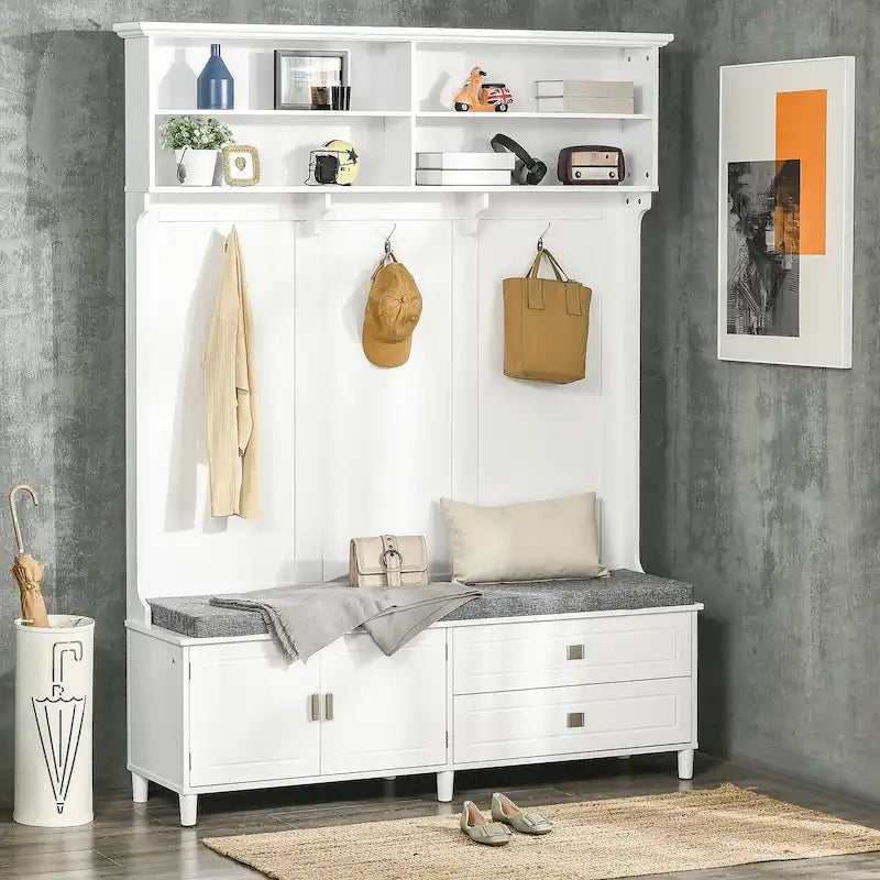 Porte-manteau moderne avec rangement, portant à vêtements autoportant avec banc de rangement et armoire à tiroirs.