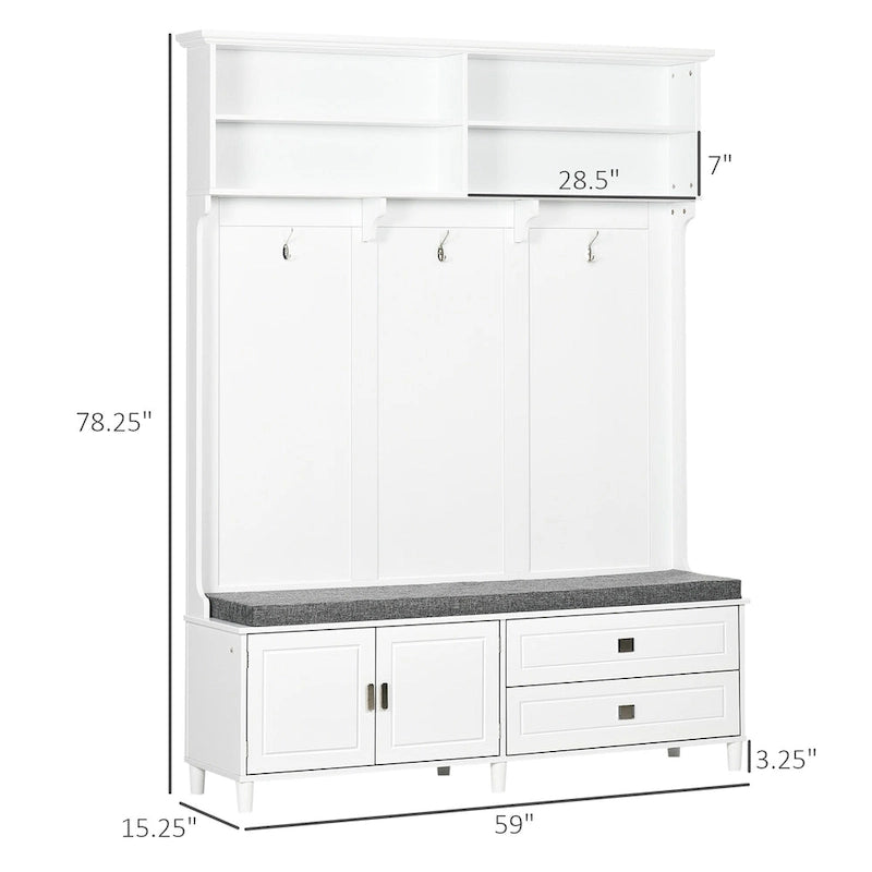 Porte-manteau moderne avec rangement, portant à vêtements autoportant avec banc de rangement et armoire à tiroirs.