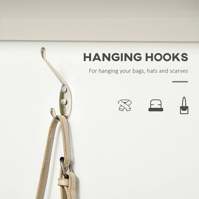 Porte-manteau moderne avec rangement, portant à vêtements autoportant avec banc de rangement et armoire à tiroirs.