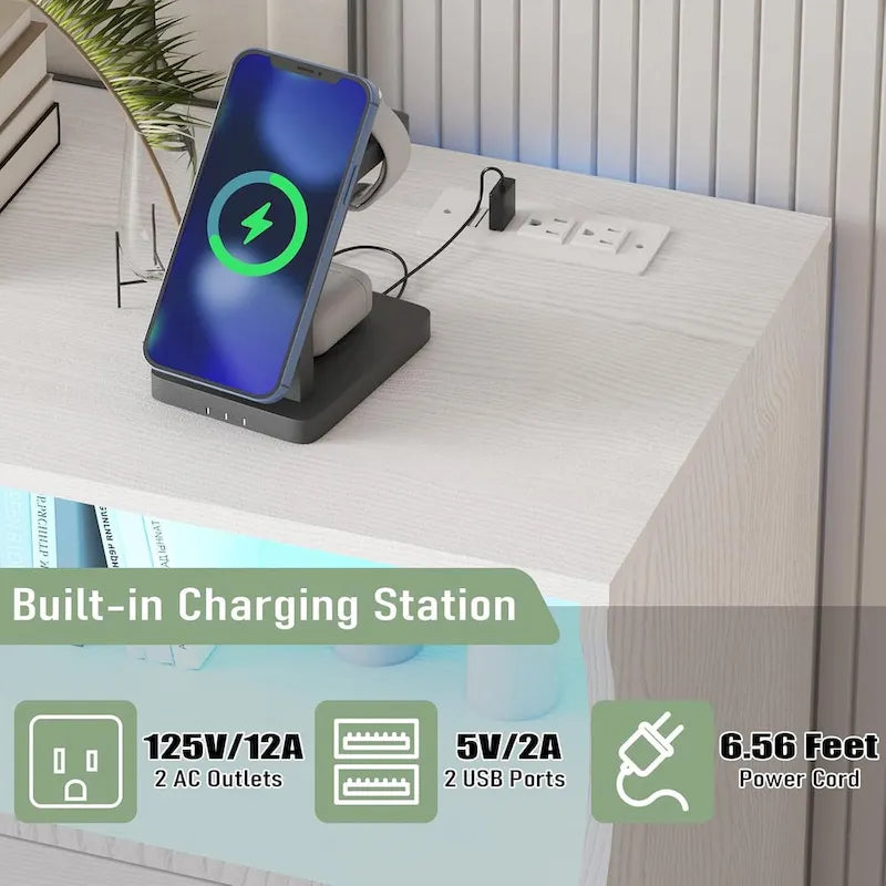 Commode moderne en bois à 8 tiroirs, avec station de recharge et éclairage LED.