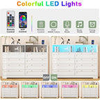 Commode moderne en bois à 8 tiroirs, avec station de recharge et éclairage LED.