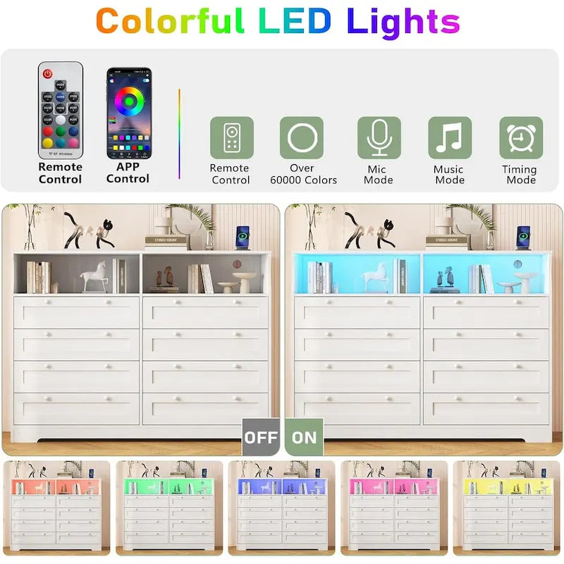 Commode moderne en bois à 8 tiroirs, avec station de recharge et éclairage LED.