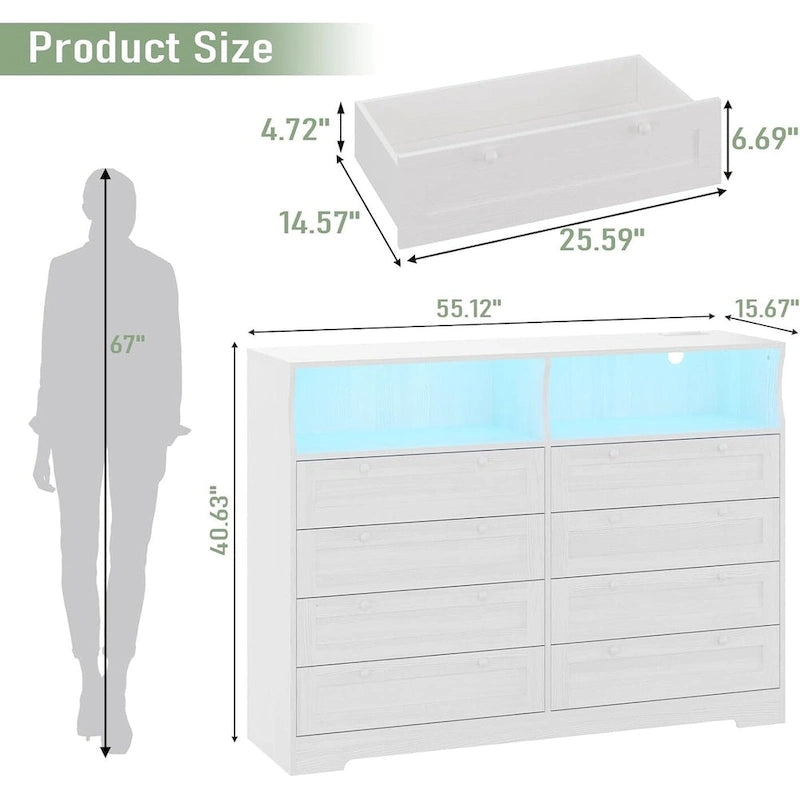 Commode moderne en bois à 8 tiroirs, avec station de recharge et éclairage LED.