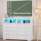 Commode moderne en bois à 8 tiroirs, avec station de recharge et éclairage LED.