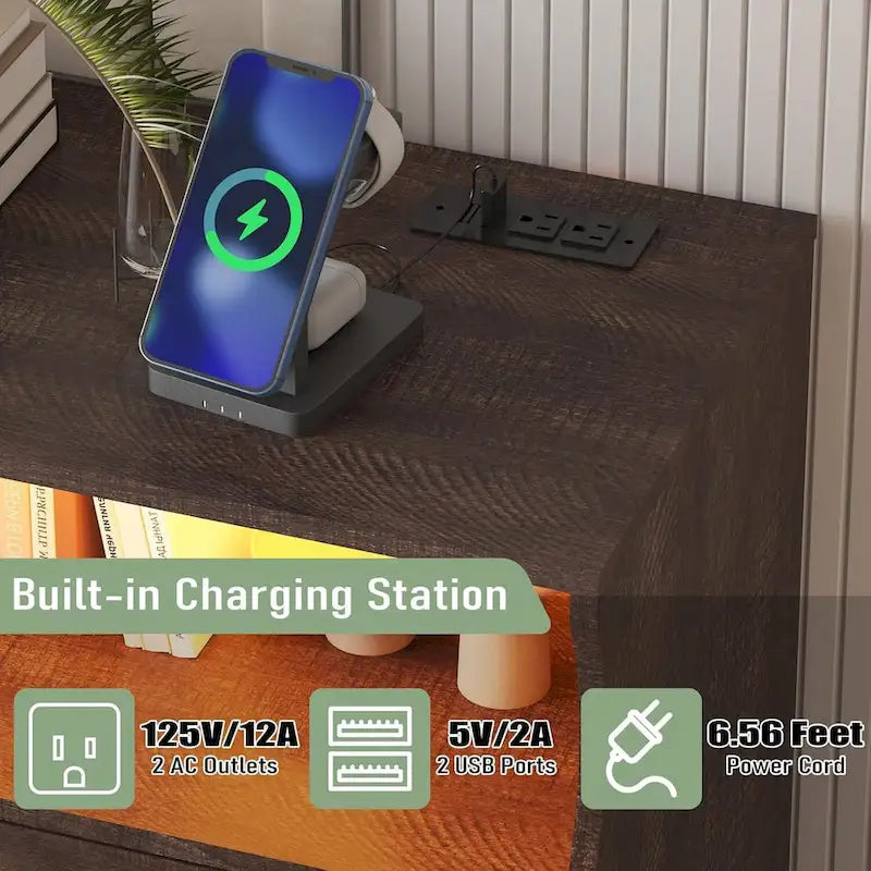 Commode moderne en bois à 8 tiroirs, avec station de recharge et éclairage LED.