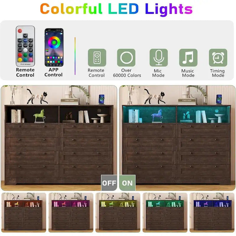 Commode moderne en bois à 8 tiroirs, avec station de recharge et éclairage LED.