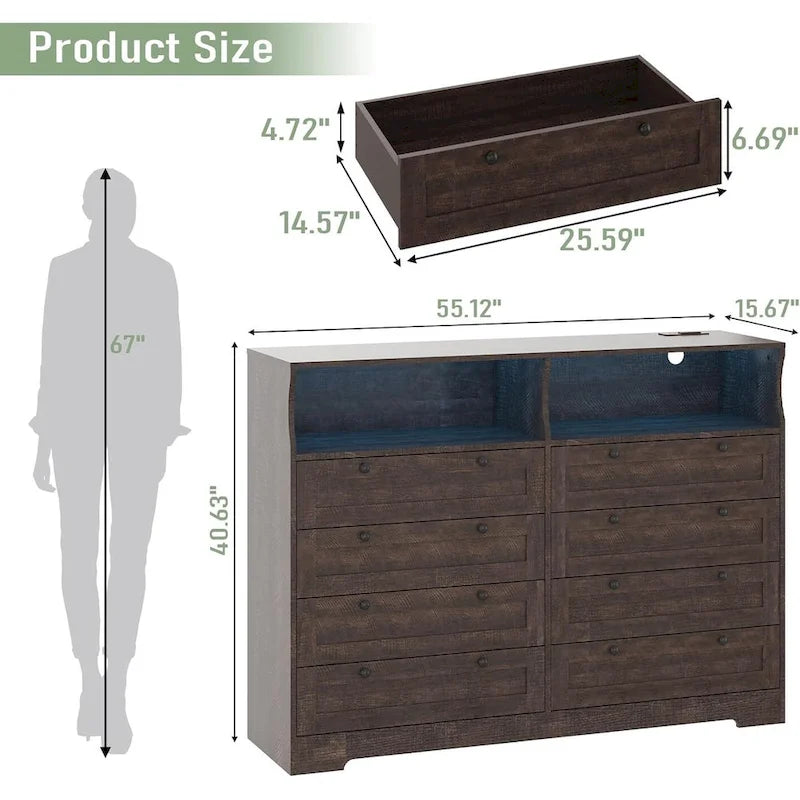 Commode moderne en bois à 8 tiroirs, avec station de recharge et éclairage LED.