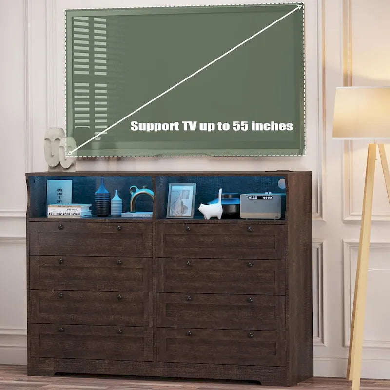 Commode moderne en bois à 8 tiroirs, avec station de recharge et éclairage LED.