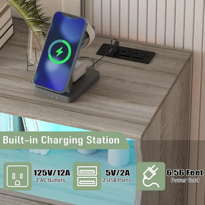 Commode moderne en bois à 8 tiroirs, avec station de recharge et éclairage LED.