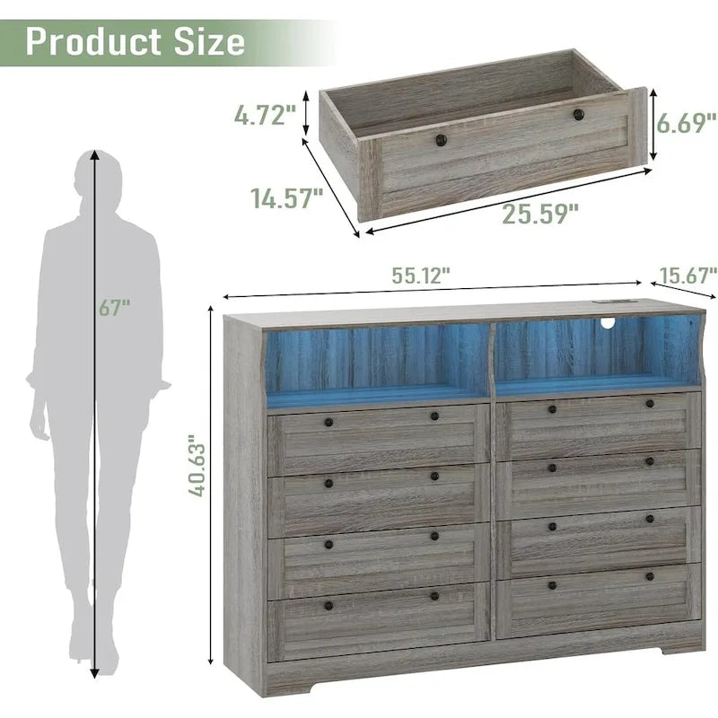 Commode moderne en bois à 8 tiroirs, avec station de recharge et éclairage LED.