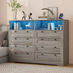 Commode moderne en bois à 8 tiroirs, avec station de recharge et éclairage LED.