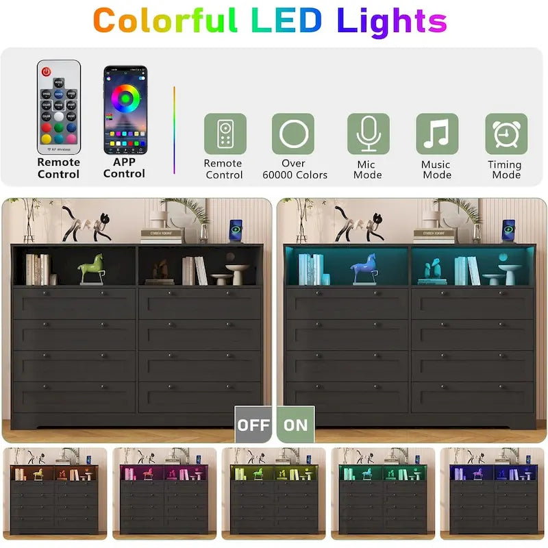 Commode moderne en bois à 8 tiroirs, avec station de recharge et éclairage LED.