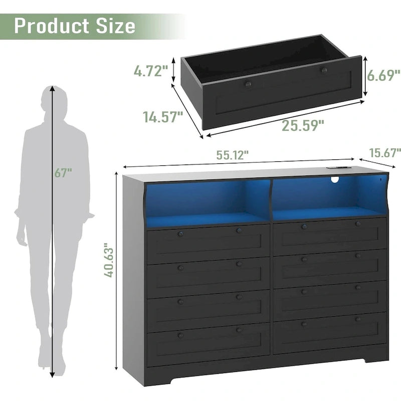 Commode moderne en bois à 8 tiroirs, avec station de recharge et éclairage LED.