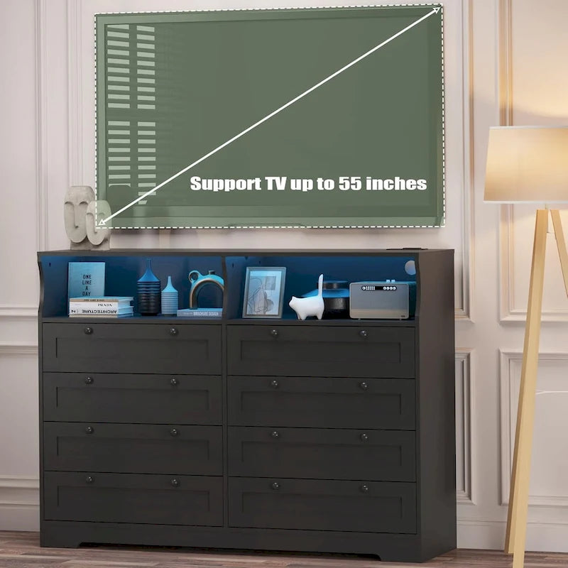 Commode moderne en bois à 8 tiroirs, avec station de recharge et éclairage LED.