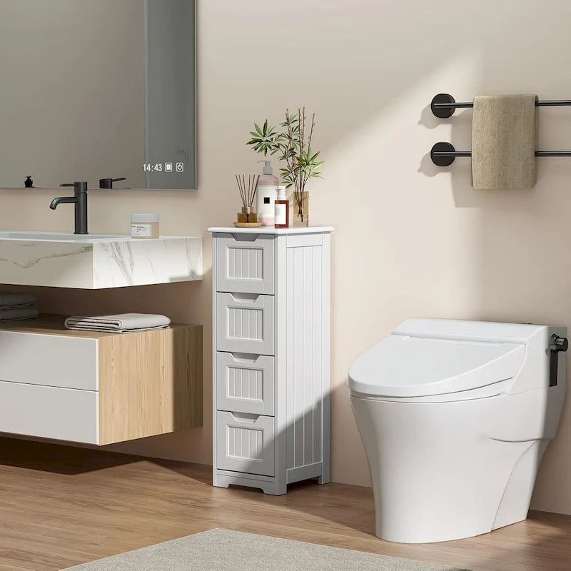 Meuble de rangement de cuisine 33, meuble de rangement de salle de bain autoportant en bois avec 4 tiroirs pour cuisine et salle à manger