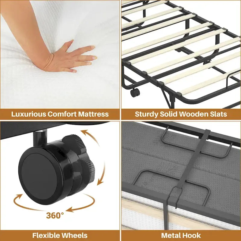 Lit pliant avec matelas, lit d'appoint portable sur roulettes avec matelas en mousse à mémoire de forme
