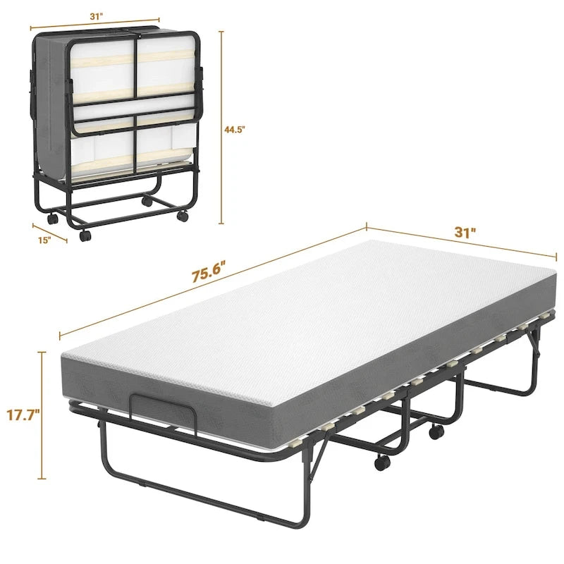 Lit pliant avec matelas, lit d'appoint portable sur roulettes avec matelas en mousse à mémoire de forme