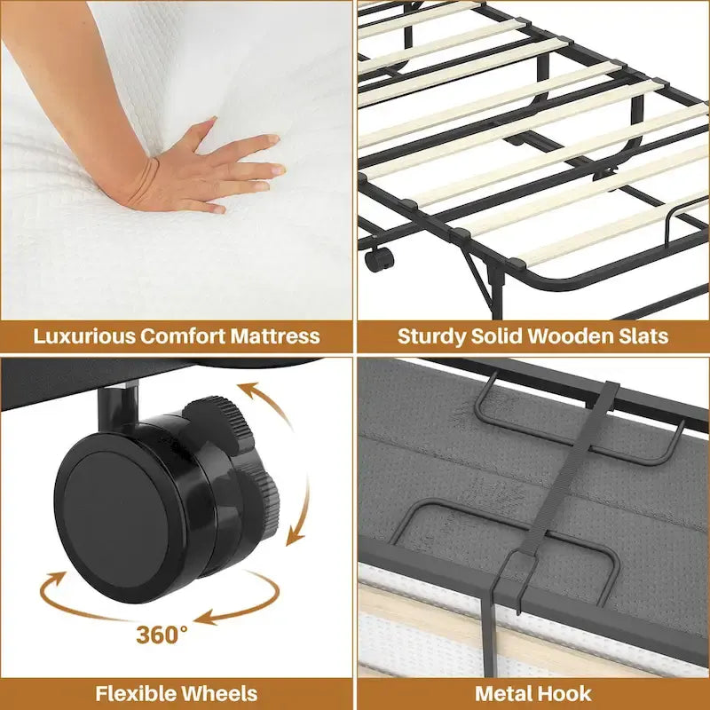 Lit pliant avec matelas, lit d'appoint portable sur roulettes avec matelas en mousse à mémoire de forme