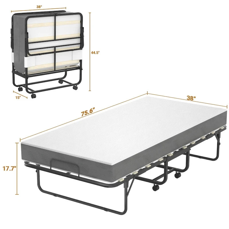 Lit pliant avec matelas, lit d'appoint portable sur roulettes avec matelas en mousse à mémoire de forme