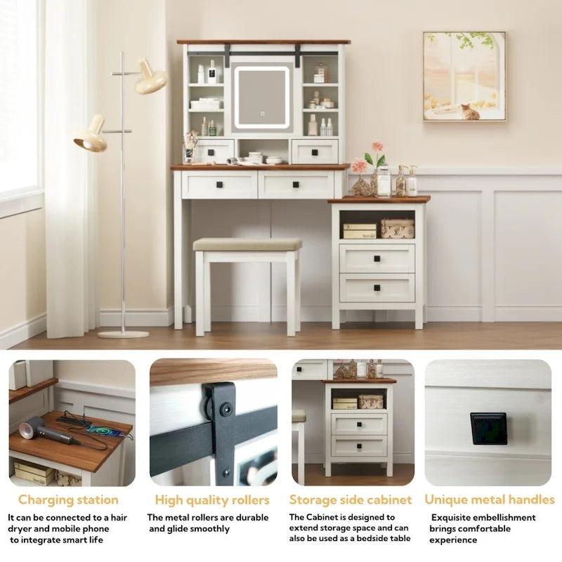 Coiffeuse de style campagnard de 46,5 cm avec miroir lumineux LED réglable et station de recharge pour chambre à coucher