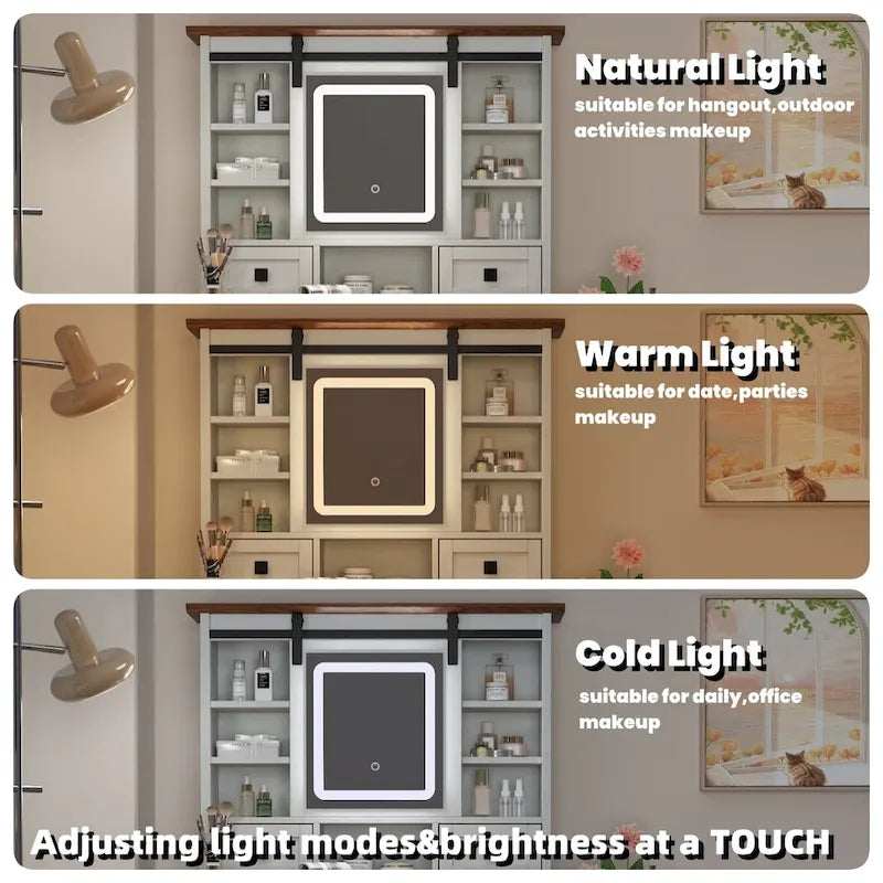 Coiffeuse de style campagnard de 46,5 cm avec miroir lumineux LED réglable et station de recharge pour chambre à coucher