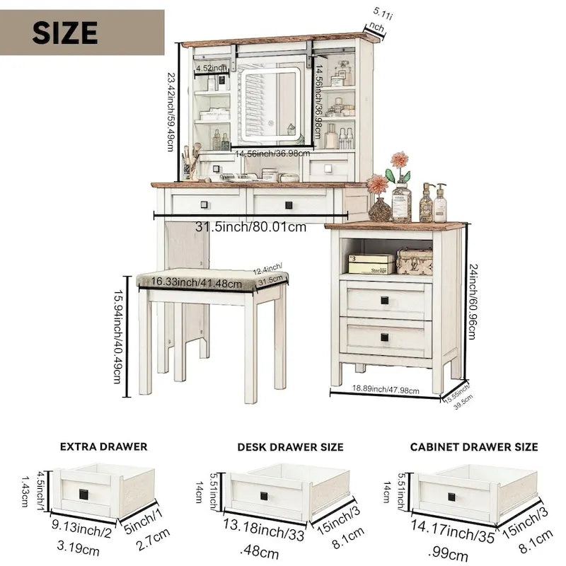 Coiffeuse de style campagnard de 46,5 cm avec miroir lumineux LED réglable et station de recharge pour chambre à coucher