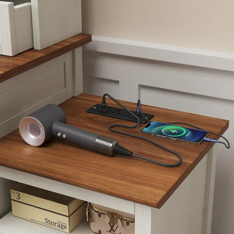 Coiffeuse de style campagnard de 46,5 cm avec miroir lumineux LED réglable et station de recharge pour chambre à coucher