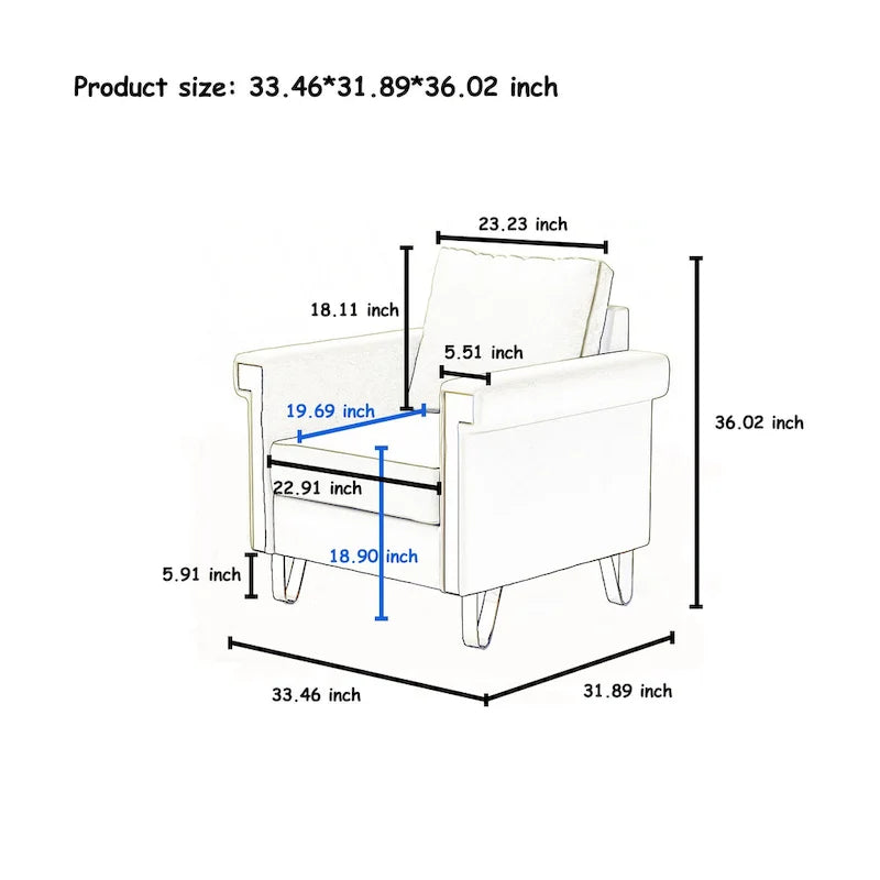 Fauteuil d'appoint en velours avec coussins amovibles et pieds en métal