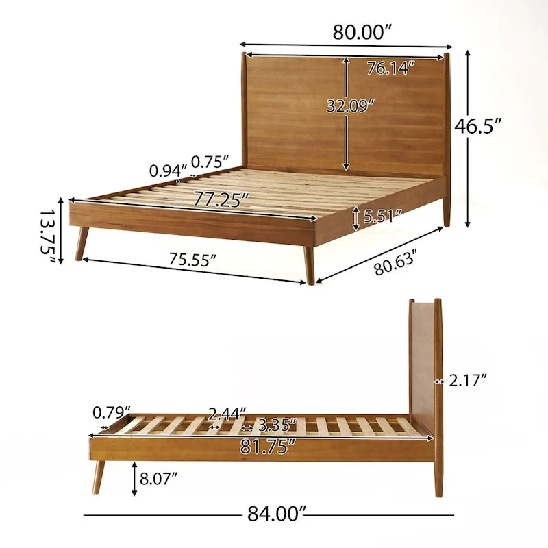 Lit plateforme moderne en bois d'acacia naturel, format king size, avec pieds évasés emblématiques pour chambre à coucher