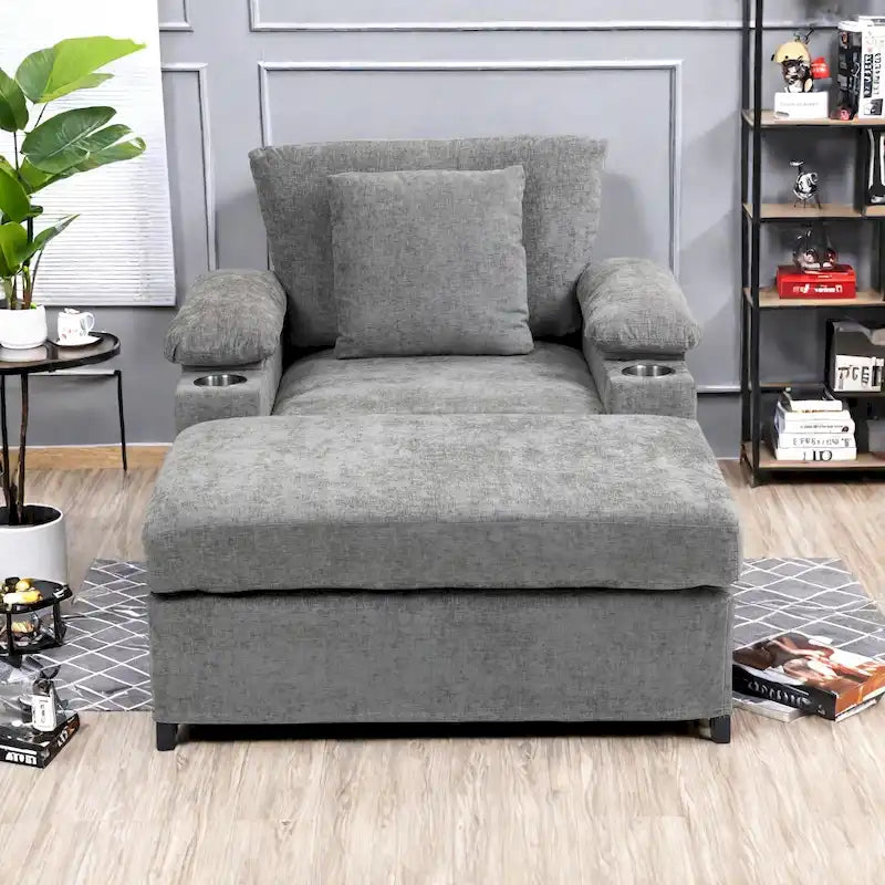Fauteuil d'appoint surdimensionné en chenille avec repose-pieds, ports de chargement USB et canapé-lit convertible