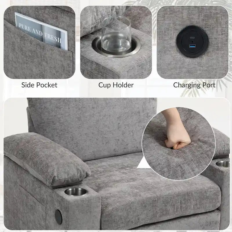 Fauteuil d'appoint surdimensionné en chenille avec repose-pieds, ports de chargement USB et canapé-lit convertible