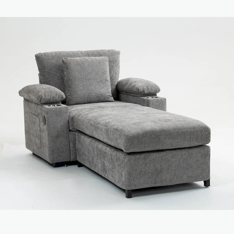 Fauteuil d'appoint surdimensionné en chenille avec repose-pieds, ports de chargement USB et canapé-lit convertible