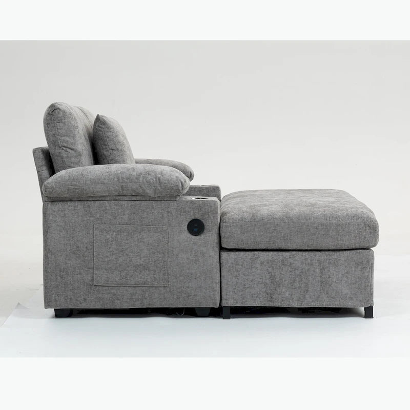 Fauteuil d'appoint surdimensionné en chenille avec repose-pieds, ports de chargement USB et canapé-lit convertible