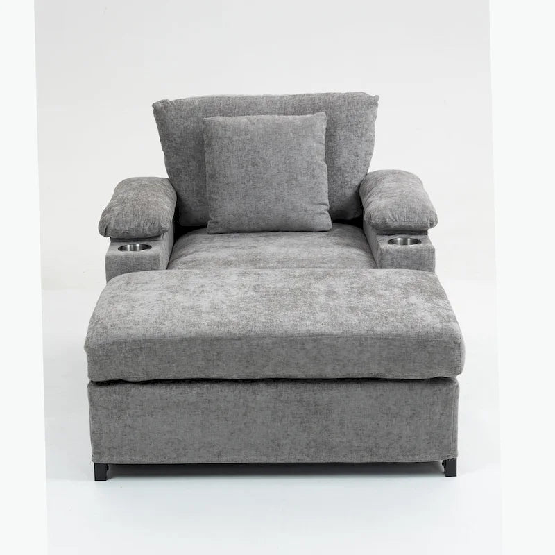 Fauteuil d'appoint surdimensionné en chenille avec repose-pieds, ports de chargement USB et canapé-lit convertible