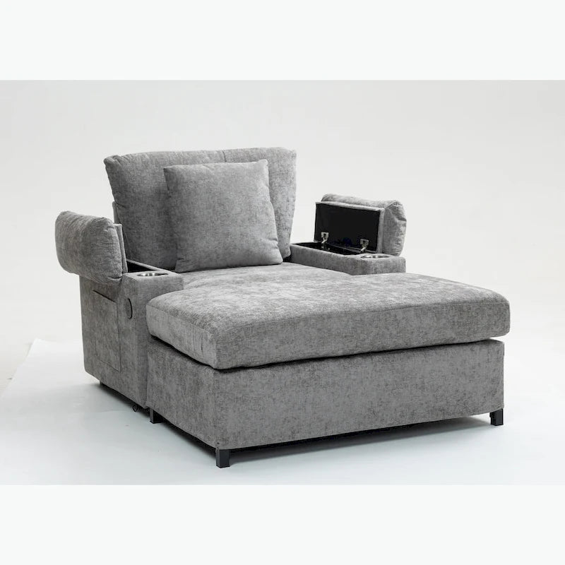 Fauteuil d'appoint surdimensionné en chenille avec repose-pieds, ports de chargement USB et canapé-lit convertible