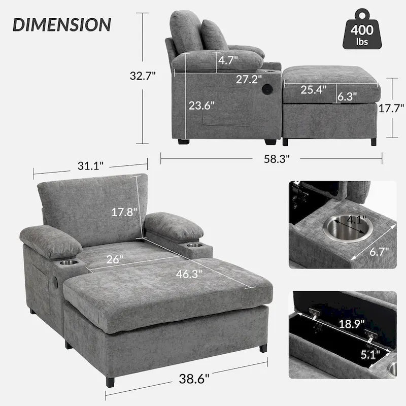 Fauteuil d'appoint surdimensionné en chenille avec repose-pieds, ports de chargement USB et canapé-lit convertible