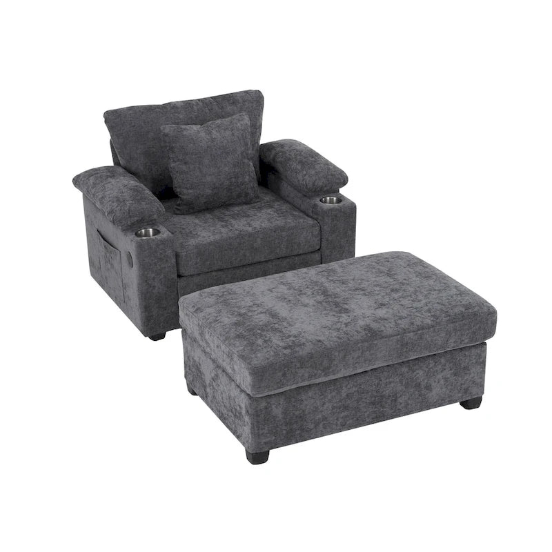 Fauteuil d'appoint surdimensionné en chenille avec repose-pieds, ports de chargement USB et canapé-lit convertible