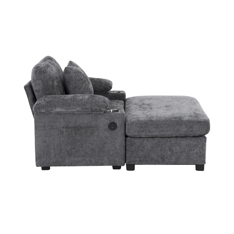 Fauteuil d'appoint surdimensionné en chenille avec repose-pieds, ports de chargement USB et canapé-lit convertible